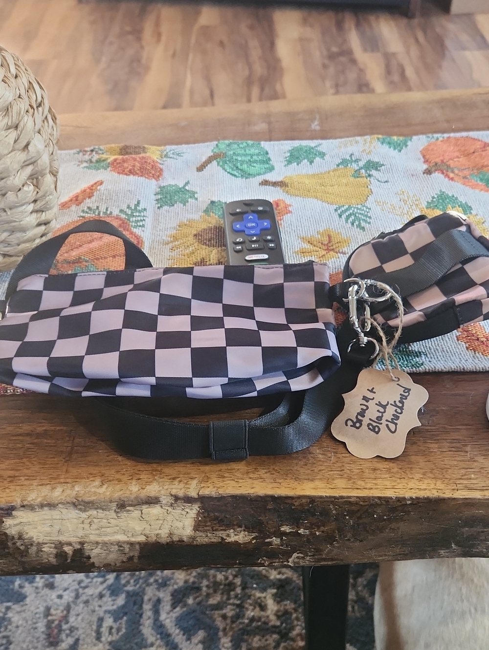 Checkerboard Crossbody Cosmetic Bag - Pink and Black